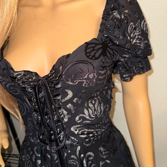NWT BlackMilk Burned Velvet Skull Butterfly Garden Corseted Dress in Pewter L - Picture 5 of 10